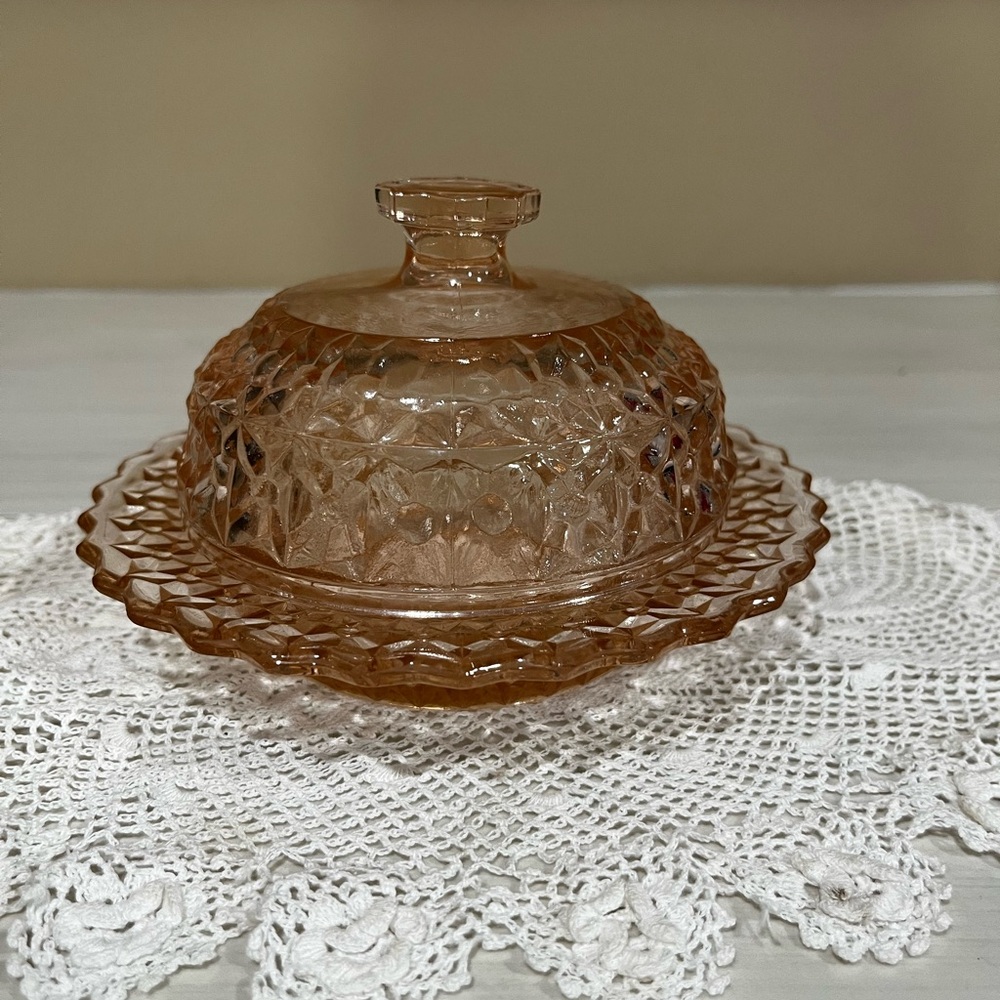 Vintage Depression Glass Diamond Cut Butter Dish with knob